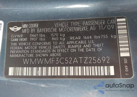 2010 Mini Cooper из США, поврежденный, VIN WMWMF3C52ATZ25692